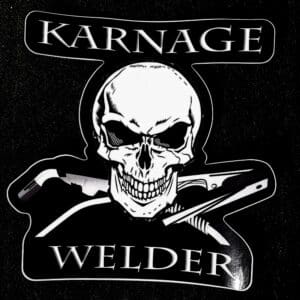 A black and white photo of the logo for karnage welder.