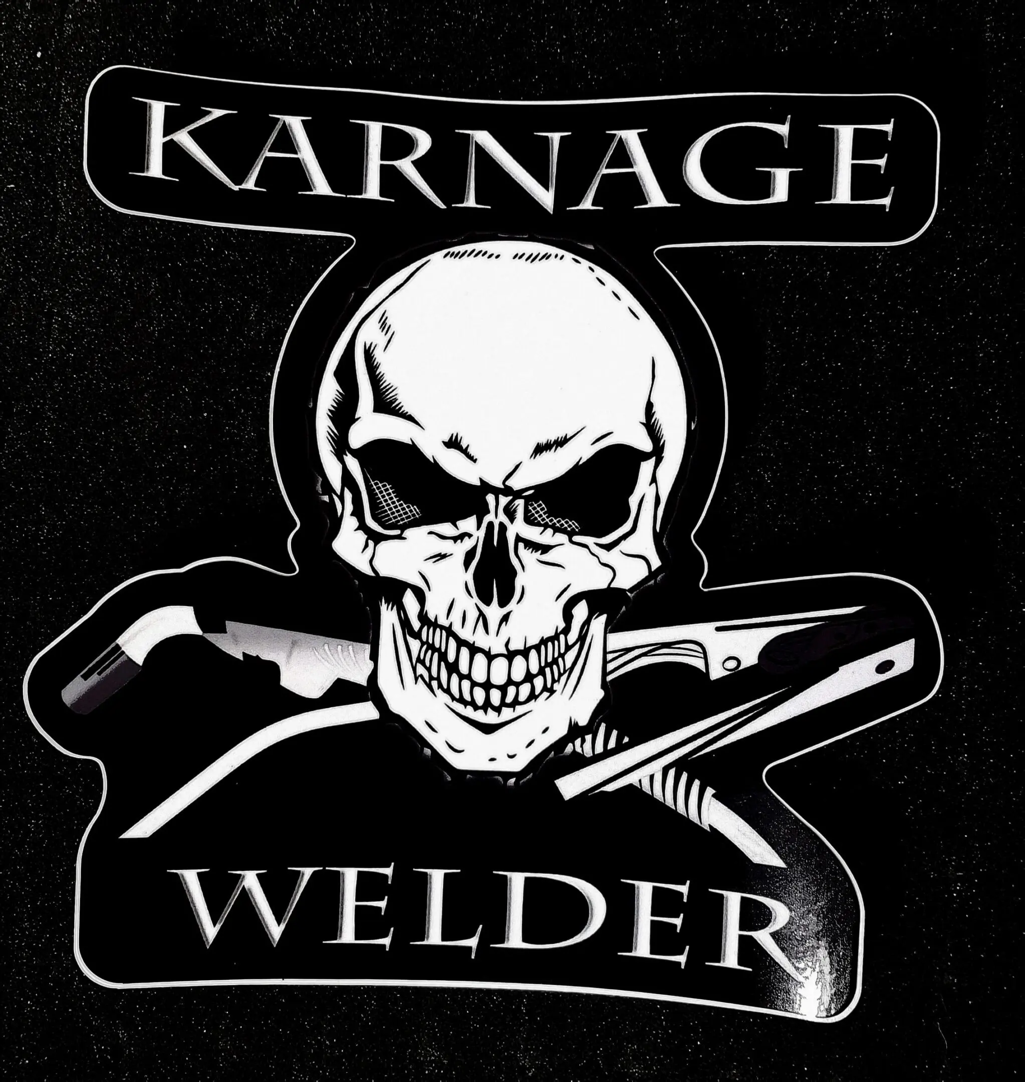 A black and white photo of the logo for karnage welder.