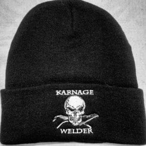 A black beanie with the words " karnage welder ".