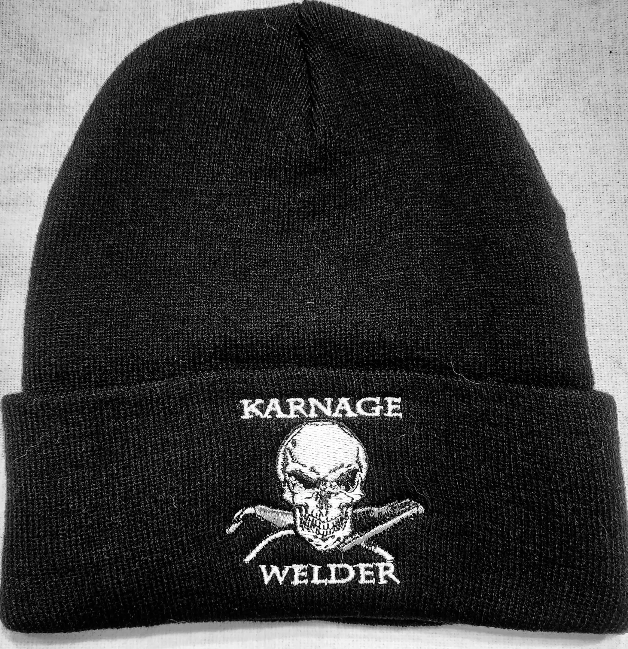 A black beanie with the words " karnage welder ".