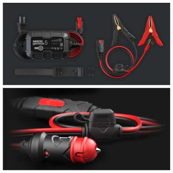 A black and red car charger and other items