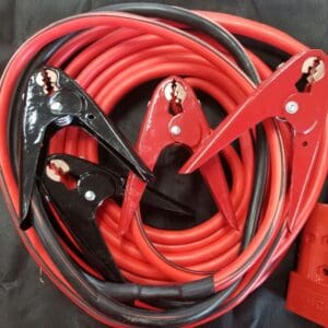 A red and black jumper cable with two clamps.