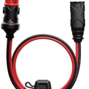 A red and black cable with an electrical plug attached.