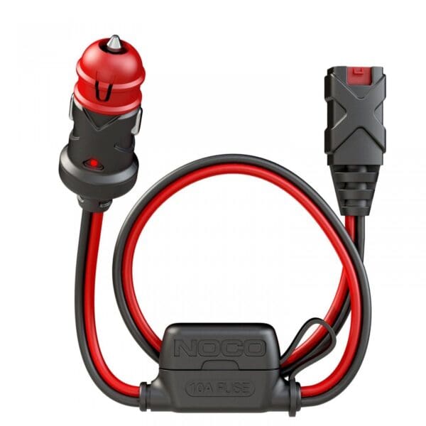 A red and black cord with an electrical plug attached to it.