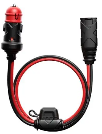 A red and black cable with an electrical plug attached.