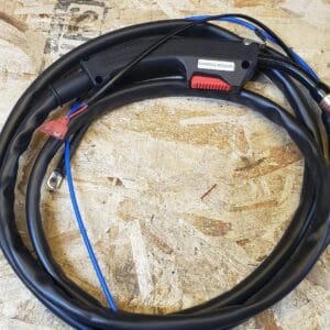 A black wire with red and blue wires on it.