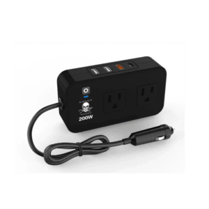 A black power strip with two outlets and one usb port.