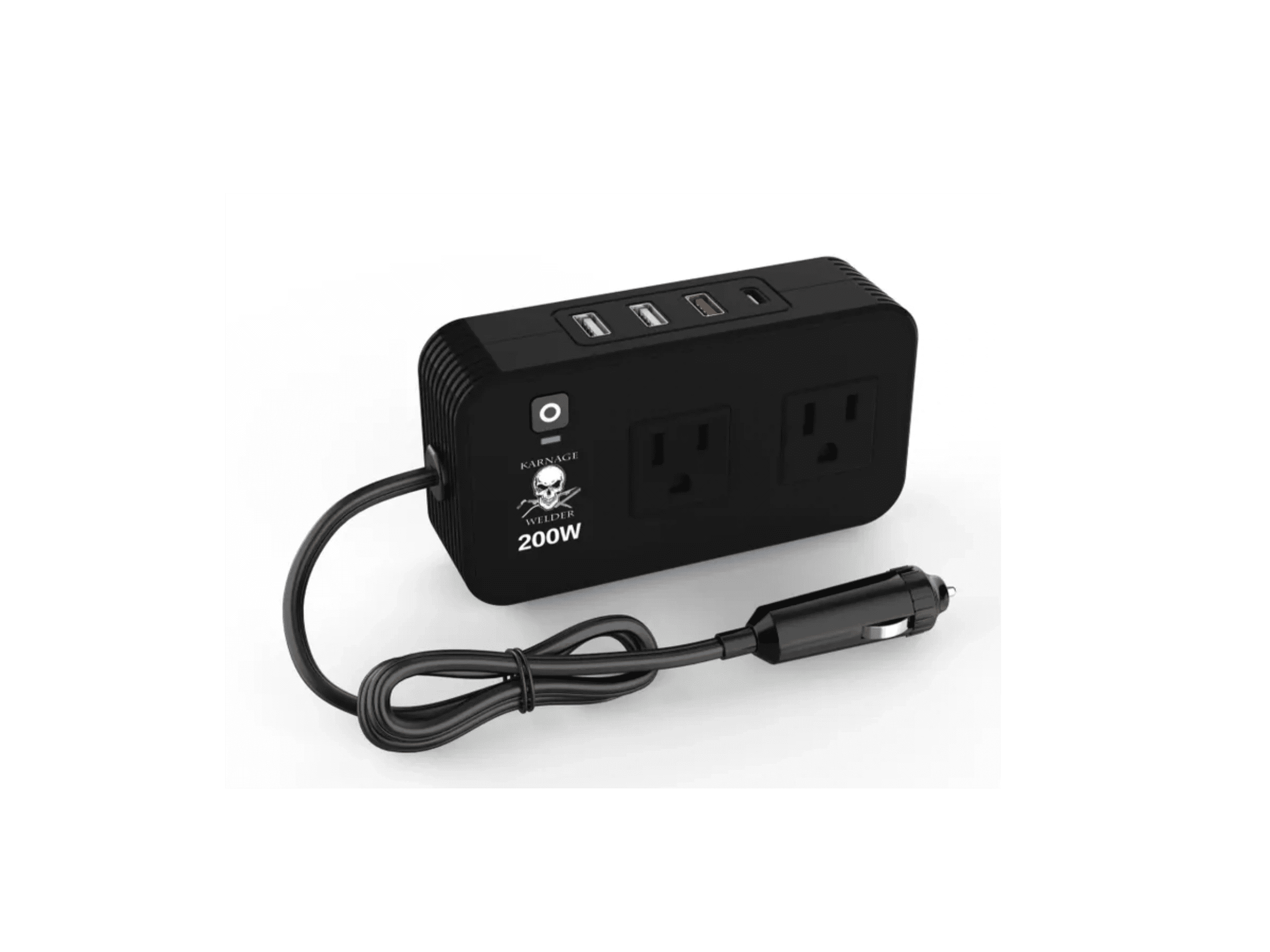 A black power strip with two outlets and one usb port.