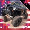 A jeep with american flag background