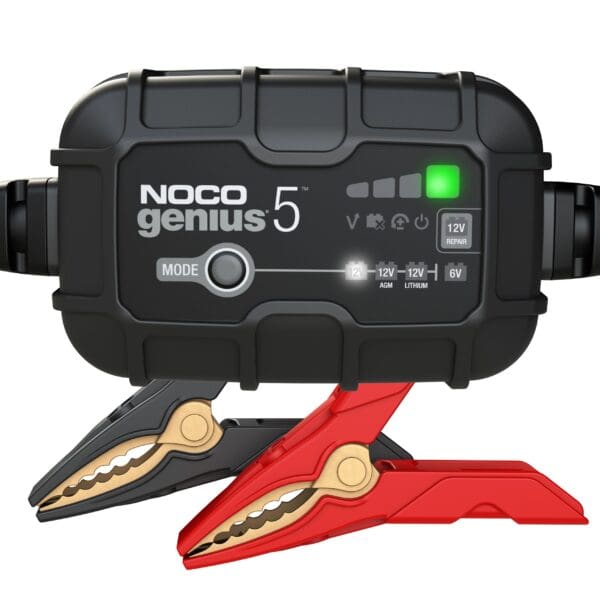 A noco genius 5 battery charger and two red clamps.