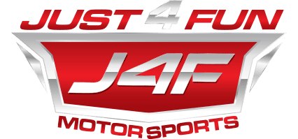 A red and white logo for just 4 fun motor sports.